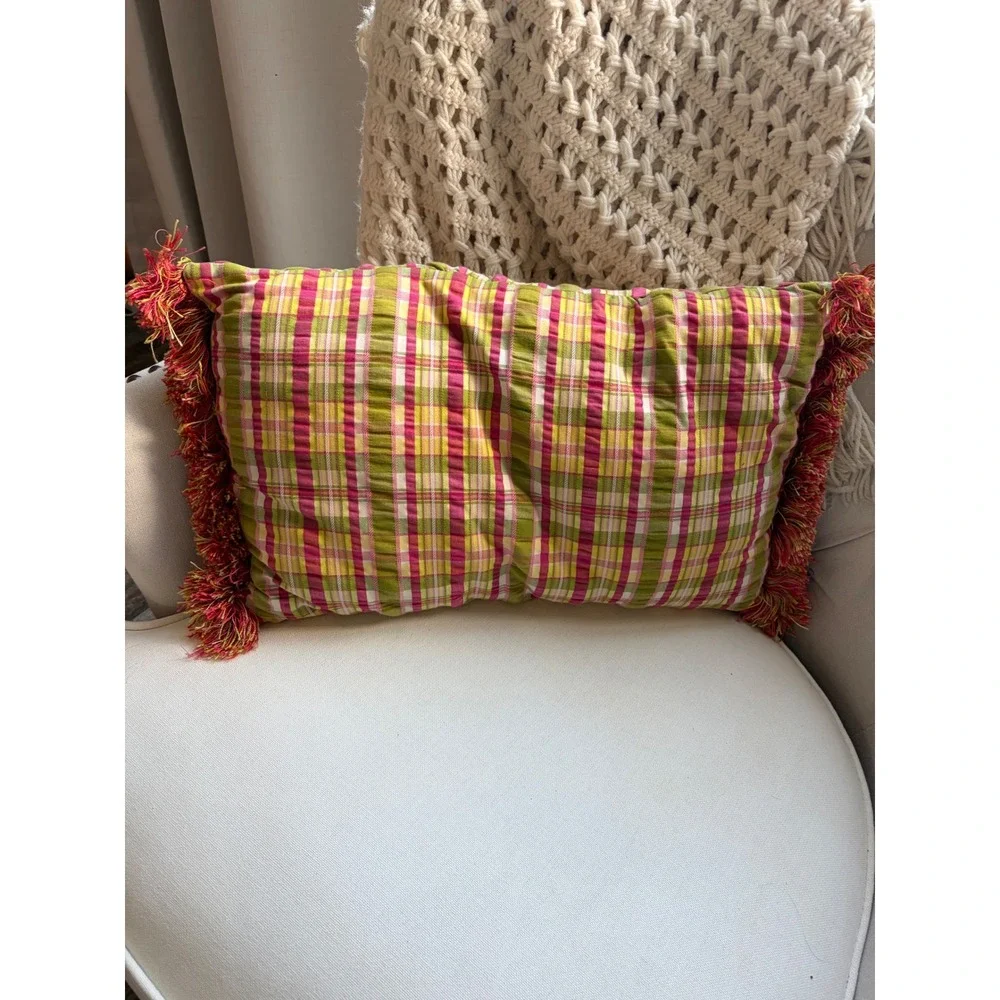 Pink Green Yellow Plaid Lumbar Throw Pillow with‎ Fringe Trim 20x12 Accent Boho